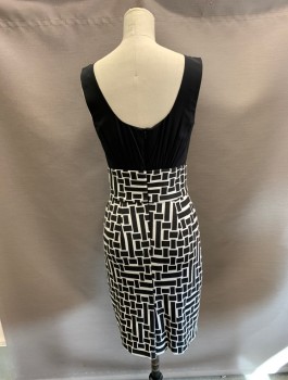 TRINA TURK, Black, White, Silk, Polyester, Solid, Geometric, Blouse Like Attached Top, with Thick Waistband, Kick Pleat at CB