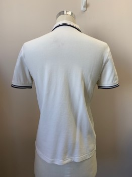 FRED PERRY, Cream, Navy Blue, Cotton, Solid, S/S, 2 Buttons, Collar Attached, Embroiderred Logo