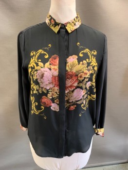 SILENCE + NOISE, Black, Lilac Purple, Red, Lt Olive Grn, Gold, Polyester, Floral, C.A., B.F., Pleated CB, L/S, Floral/Swirl Pattern On Collar/CF/Cuffs