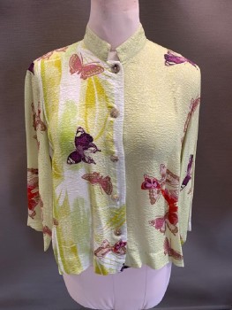 CITRON, Lt Green, Plum Purple, Mauve Pink, Dijon Yellow, Chartreuse Green, Silk, Rayon, Butterfly, Mandarin Collar, B.F., L/S, Self Textured Abstract Pattern, Vertical Stripes On Front Right Side & Back Side, Inverted Pleat With Tab & Button At CB
