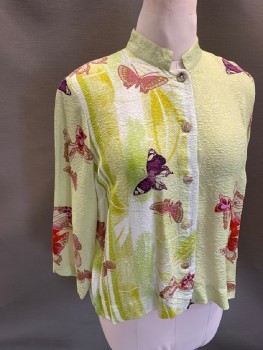 CITRON, Lt Green, Plum Purple, Mauve Pink, Dijon Yellow, Chartreuse Green, Silk, Rayon, Butterfly, Mandarin Collar, B.F., L/S, Self Textured Abstract Pattern, Vertical Stripes On Front Right Side & Back Side, Inverted Pleat With Tab & Button At CB