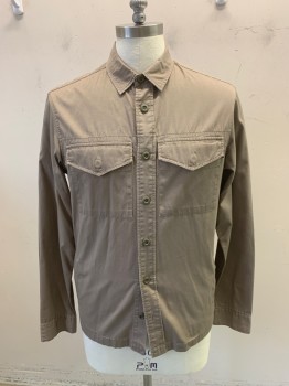 ALL SAINTS, Putty/Khaki Gray, Cotton, Solid, Long Sleeves, Button Front, 7 Buttons Front, 4 Pockets, Button Cuffs, Top Stitch Across Chest