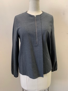 COS, Gray, Wool, Solid, Round Neck,  L/S, Pleated, Half Zip Front