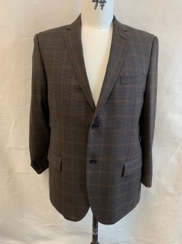 NAUTICA, Brown, Burnt Orange, Navy Blue, Dk Beige, Wool, Plaid, Single Breasted, 2 Buttons,  Notched Lapel, 3 Pockets, 4 Button Cuffs, 2 Back Vents