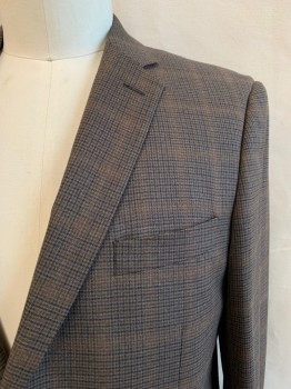 NAUTICA, Brown, Burnt Orange, Navy Blue, Dk Beige, Wool, Plaid, Single Breasted, 2 Buttons,  Notched Lapel, 3 Pockets, 4 Button Cuffs, 2 Back Vents