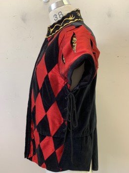 Mens, Historical Fiction Piece 1, Windlass, Red, Black, Gold, Polyester, Cotton, Diamonds, M, Court Jester Costume, S/S, Clip Front, Stand Collar, Side Ties, Puff Sleeves with Cuts