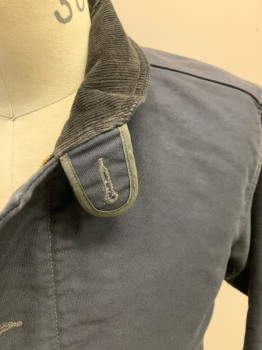 RALPH LAUREN, Charcoal Gray, Black, Cotton, Solid, Zip Front, Button Front, Corduroy Facing On Tab Collar And Cuffs, 2 Pockets,