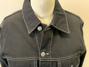 Womens, Jean Jacket, SANDRO, Black, Cotton, Solid, S, White Contrast Stitching, Button Front, Collar Attached, 4 Pockets,