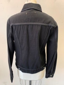 Womens, Jean Jacket, SANDRO, Black, Cotton, Solid, S, White Contrast Stitching, Button Front, Collar Attached, 4 Pockets,
