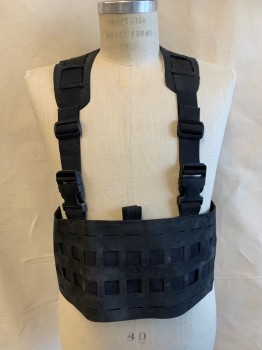 Mens, Harness, MTO, Black, Nylon, Rubber, Solid, OS, Rubberized Gortex with Square Pattern Cut Outs, Lots of Chunky Straps and Plastic Buckles