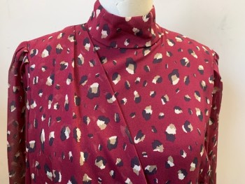 BARDOT, Wine Red, Navy Blue, Taupe, Lt Beige, Polyester, Spots , Center Back Zipper, Sheer Sleeves with Cuffs, Petal Wrap Skirt with Chiffon Bow at Waist, High Neck, Faux Wrap