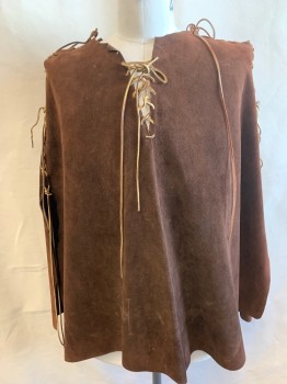 Unisex, Historical Fiction Cape, MTO, Chestnut Brown, Suede, Solid, L/XL, 1800S, Pull On, Round Neck, Poncho, Lace-up Front Placket, Rough Lacing  Shoulders to Elbows, Aged