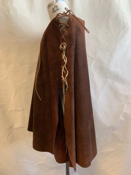 Unisex, Historical Fiction Cape, MTO, Chestnut Brown, Suede, Solid, L/XL, 1800S, Pull On, Round Neck, Poncho, Lace-up Front Placket, Rough Lacing  Shoulders to Elbows, Aged