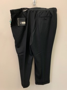 VAN HEUSEN, Black, Polyester, Solid, Pleated Front, Zip Fly, Belt Loops, 4 Pockets, Cuffed