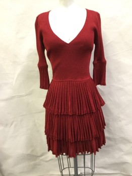 N/L, Red, Red Burgundy, Synthetic, Heathered, Sweater Knit, Ribbed Bodice with Deep V-neck, 1/2 Sleeves with Long Ruffle, Full Tiered Ruffle Skirt