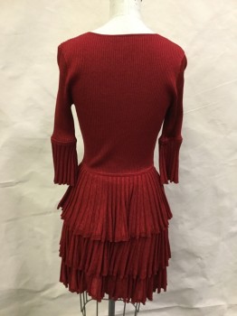 N/L, Red, Red Burgundy, Synthetic, Heathered, Sweater Knit, Ribbed Bodice with Deep V-neck, 1/2 Sleeves with Long Ruffle, Full Tiered Ruffle Skirt