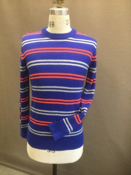 Childrens, Sweater, CREWCUTS, Royal Blue, Orange, Lt Gray, Wool, Viscose, Stripes - Horizontal , 16 Boy, Crew Neck, Long Sleeves, Consistent Knit Body, Ribbed Knit Trim, Ribbed Knit Cuffs