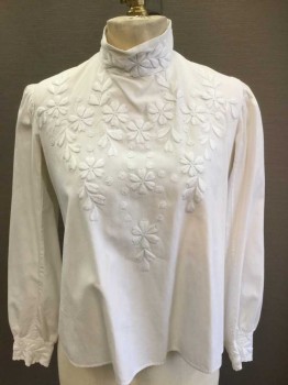 MTO, White, Cotton, Floral, White Floral Embroidered Front/Collar/Cuff, Button Back, Band Collar, Long Sleeves Gathered At Shoulders and Cuff, Twill Tie Back Waist,