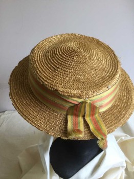 Womens, Hat 1890s-1910s, SIR CHARLES, Tan Brown, Yellow, Lt Green, Orange, Straw, Cotton, Solid, Stripes - Horizontal , Tan Straw Boater Style, with Yellow/Orange/Green Stripped Band with Self Bow, **Straw Is Worn/Holey Throughout,