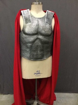 Mens, Historical Fict. Breastplate , Silver, Red, Plastic, Wool, Solid, 42, Hammerred Look Cuirass, Lacing/Ties On Sides, Attached 5 Foot Long Cape