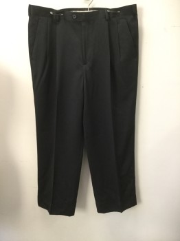 PERRY ELLIS, Black, Polyester, Solid, Double Pleated, Zip Fly, Button Tab Closure, Belt Loops