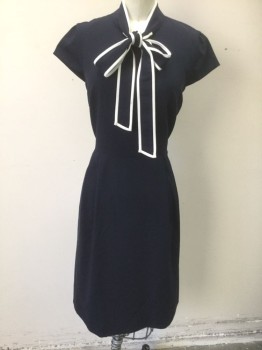 J CREW, Navy Blue, White, Wool, Polyester, Solid, Solid Dark Navy with White Accents at Stand Collar, Self Tie Bow at Center Front Neck, Cap Sleeve, Double Pleats at Either Side of Waist, Knee Length, Invisible Zipper at Center Back