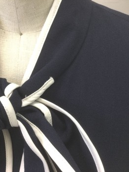J CREW, Navy Blue, White, Wool, Polyester, Solid, Solid Dark Navy with White Accents at Stand Collar, Self Tie Bow at Center Front Neck, Cap Sleeve, Double Pleats at Either Side of Waist, Knee Length, Invisible Zipper at Center Back