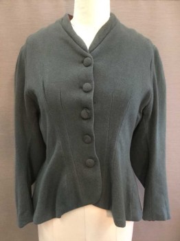 Womens, Jacket 1890s-1910s, N/L, Moss Green, Red Burgundy, Wool, Silk, Solid, W36MAX, 5 Self Fabric Covered Buttons, Long Sleeves, Fitted At Waist and Flares Out At Hip, No Lapel - Tight V Neck, Darts At Bust, Pleated Detail At Center Back Hem, Rusty Burgundy Silk Lining, Made To Order, **Lining Is Damaged