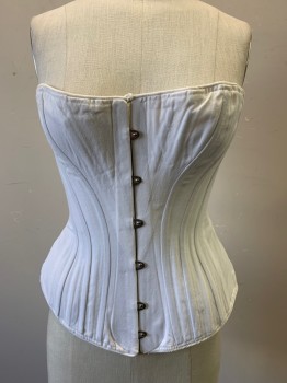 Womens, Corset 1890s-1910s, PERIOD COSTUMES, Off White, Cotton, Solid, W21, B34, Off White with off White Trim & Lace Up Back, Busk Front with Tie to Snug Up at Bust, 1880s