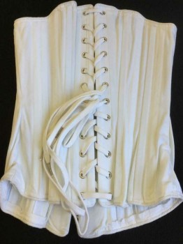 Womens, Corset 1890s-1910s, PERIOD COSTUMES, Off White, Cotton, Solid, W21, B34, Off White with off White Trim & Lace Up Back, Busk Front with Tie to Snug Up at Bust, 1880s