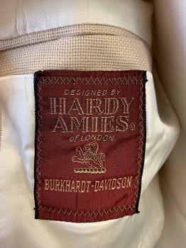 Mens, Blazer/Sport Co, HARDY AMIES, Off White, Polyester, Cotton, Solid, 38, Off White Textured Woven, Single Breasted, Notched Lapel, 2 Buttons, Light Brown Topstitching, Double Back Vent,