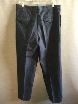 Mens, Suit, Pants, 1890s-1910s, NO LABEL, Navy Blue, Wool, Stripes - Vertical , 36/30, Button Fly, Flat Front, Interior Suspender Buttons, Back Pockets with Flaps,