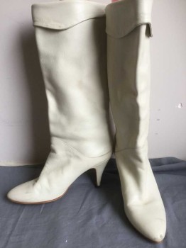 Womens, Boots, N/L, Off White, Leather, Solid, 6, Off White 3" Heel, Calf Boot, with Curved Fold Over Top
