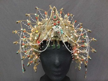 Unisex, Sci-Fi/Fantasy Headpiece, MTO, Gold, Red, Turquoise Blue, Metallic/Metal, Beaded, Geometric, Chinese Inspired, Aged/Distressed, Lots of Movement