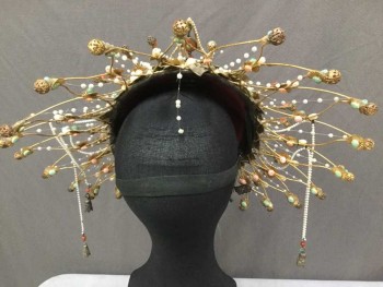 Unisex, Sci-Fi/Fantasy Headpiece, MTO, Gold, Red, Turquoise Blue, Metallic/Metal, Beaded, Geometric, Chinese Inspired, Aged/Distressed, Lots of Movement