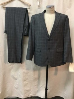 TOMMY HILFIGER, Heather Gray, Gray, Wool, Heathered, Plaid-  Windowpane, Heather Gray, Gray Window Pane, Notched Lapel, 2 Buttons,  3 Faux Pockets