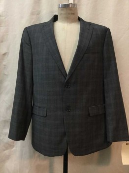 TOMMY HILFIGER, Heather Gray, Gray, Wool, Heathered, Plaid-  Windowpane, Heather Gray, Gray Window Pane, Notched Lapel, 2 Buttons,  3 Faux Pockets