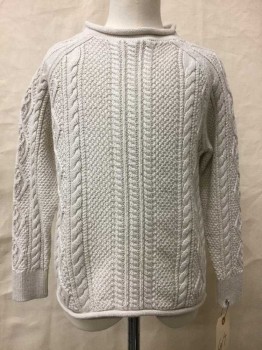 J.CREW, Beige, Cotton, Solid, Rolled Mock Neck, Cable Knit