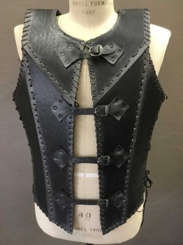Mens, Historical Fict. Breastplate , MTO, Black, Leather, 4 Buckles Center Front, Laced Together Pieces.
