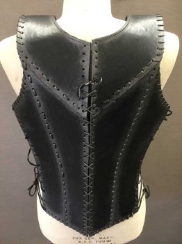 Mens, Historical Fict. Breastplate , MTO, Black, Leather, 4 Buckles Center Front, Laced Together Pieces.