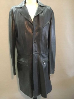 Mens, Coat, Leather, Black, Leather, Solid, 44, Soft Slightly Aged/Distressed,  Self Covered Buttons, 3 Zipper Pocket,