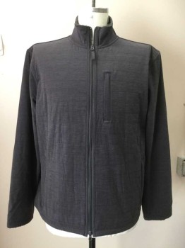 STAG PROVISIONS, Charcoal Gray, Polyester, Cotton, Solid, Zip Front, Sewn Vertical Lines, Long Sleeves, 3 Pockets, Band Collar, Fleece Lining