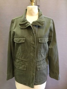 MADEWELL, Olive Green, Cotton, Solid, Zip/Snap Front, 4 Flap Pockets, Long Sleeves, High Collar, Drawstring Waist, Snap Cuffs