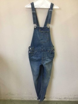 Womens, Overalls, LEVI'S, Denim Blue, Cotton, Solid, XS, Bib Overalls, Bib with 1 Off-Center Pocket, Side Waist Buttons, Straps Cross in Back, Belt Loops, Rip in Knee