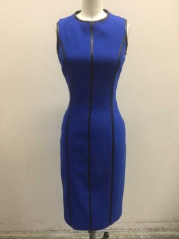 MICHAEL KORS, Royal Blue, Black, Wool, Spandex, Solid, Royal Blue Crepe with Black Accent Vertical Stripe Insets (1/2" Wide) and Black Round Neck,  Sleeveless, Sheath Fit, Hem Below Knee, Invisible Zipper at Center Back