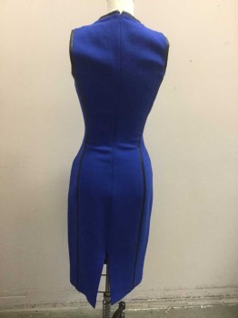 MICHAEL KORS, Royal Blue, Black, Wool, Spandex, Solid, Royal Blue Crepe with Black Accent Vertical Stripe Insets (1/2" Wide) and Black Round Neck,  Sleeveless, Sheath Fit, Hem Below Knee, Invisible Zipper at Center Back