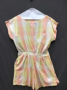 Womens, Romper, PINKY, Lemon Yellow, Peach Orange, White, Cotton, Check , M, B 32/4, Wide Jewel Neckline, S/s, Fitted at Waist, Buttons Up Entirely On Left Side Seam and Left Shoulders