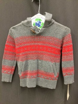 GAP KIDS, Gray, Red, Cotton, Novelty Pattern, Cotton Knit Sweater With Hood, Red Fair isle Pattern, Toggle Closure At Neck, Long Sleeves,