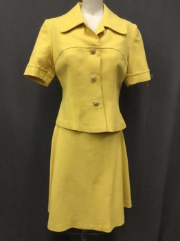 Womens, 1960s Vintage, Top, NO LABEL, Mustard Yellow, Wool, Solid, 28, 34, Short Sleeve,  Cropped, Collar Attached,  4 Buttons, Plastic Olive/blush Buttons