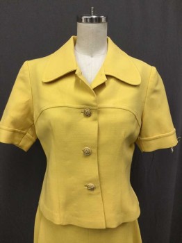 Womens, 1960s Vintage, Top, NO LABEL, Mustard Yellow, Wool, Solid, 28, 34, Short Sleeve,  Cropped, Collar Attached,  4 Buttons, Plastic Olive/blush Buttons